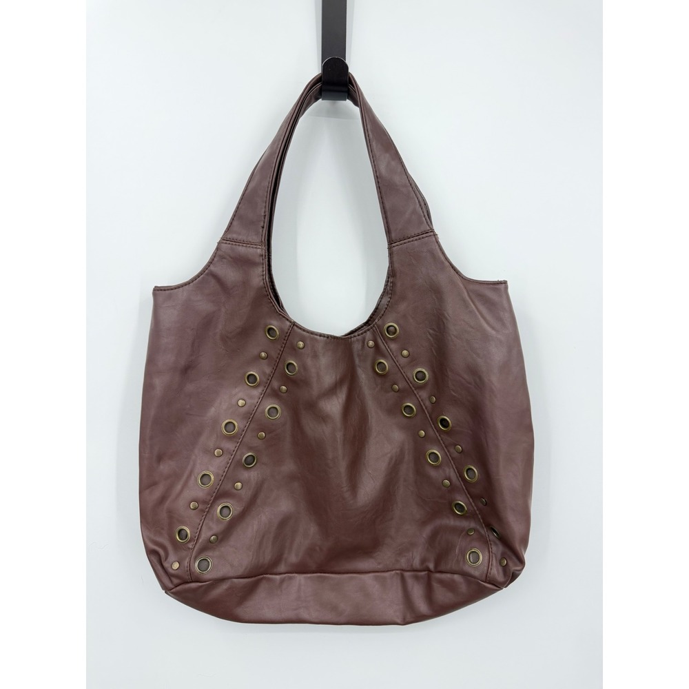 Avon Studded Grommet studded Hobo Bag Brown Faux Leather Slouchy Shoulder Bag